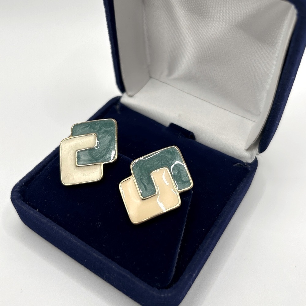 Vintage Trifari Gold and Green Geometric Post Earrings​​​​​
